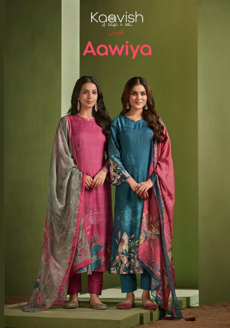 Kaavish Aawiya Muslin Silk Digital Print With Heavy Embroidery Work Suits