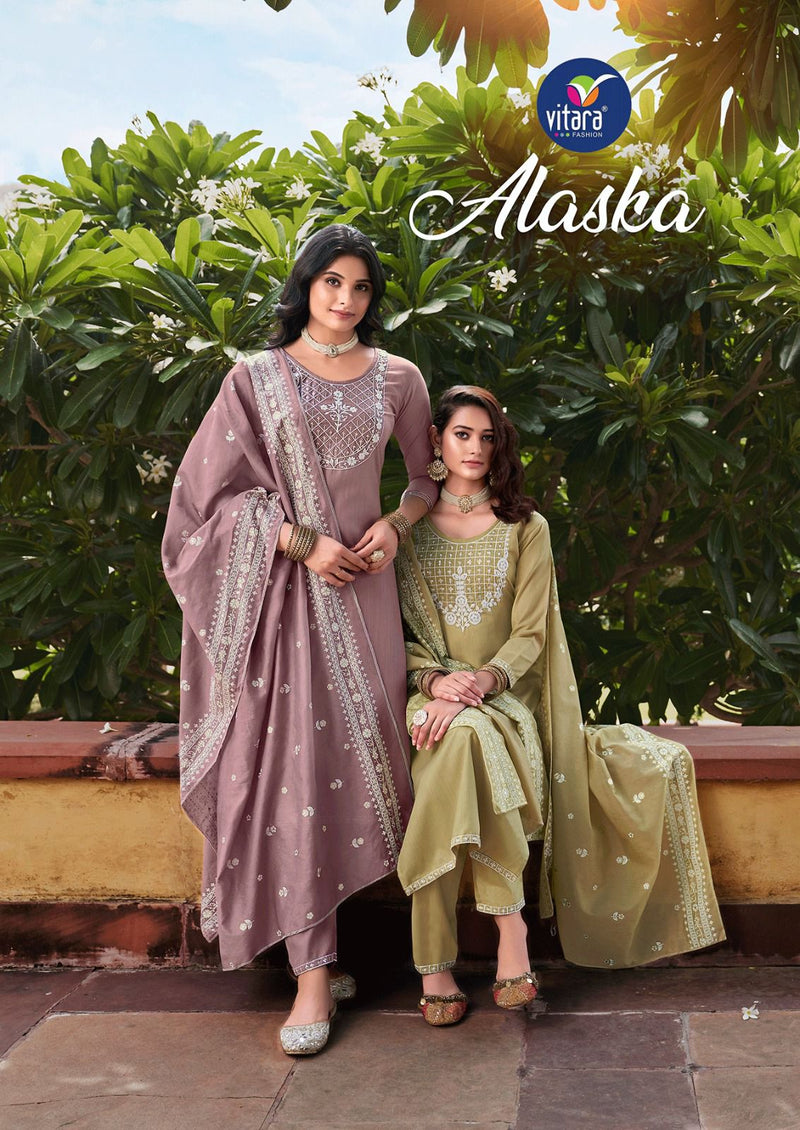 Vitara Fashion Alaska Tesla Fabric With Fancy Embroidery Designer Ready Made Suits