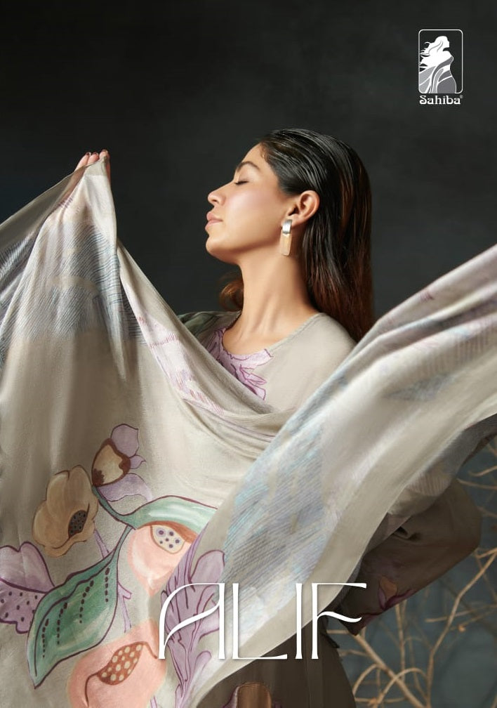 Sahiba Alif Muslin Silk Digital Print With Fancy Hand Work Designer Suits