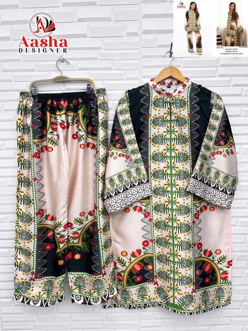 Aasha Designer Turkis Vol 6 Pure Modal Satin Printed Designer Co Ord Set