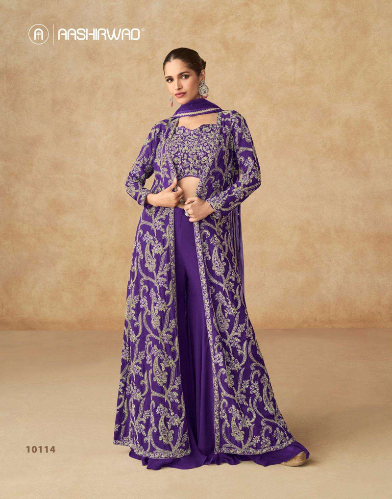 Aashirwad Creation Purple Real Georgette Partywear Indo Western Suit