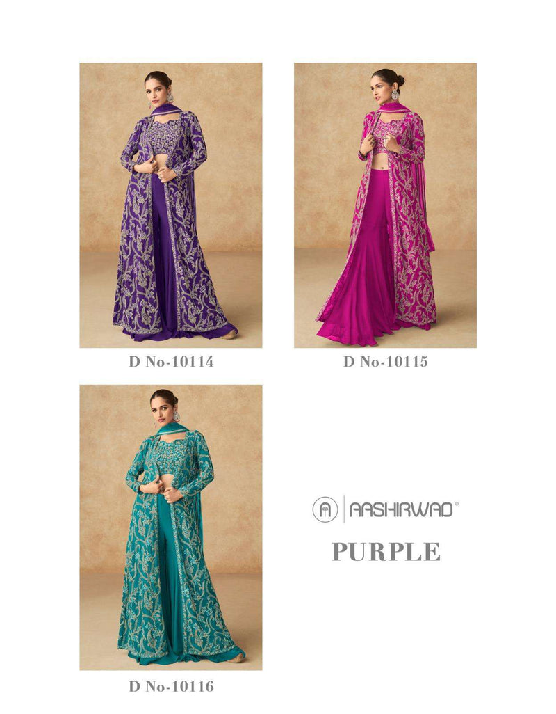 Aashirwad Creation Purple Real Georgette Partywear Indo Western Suit