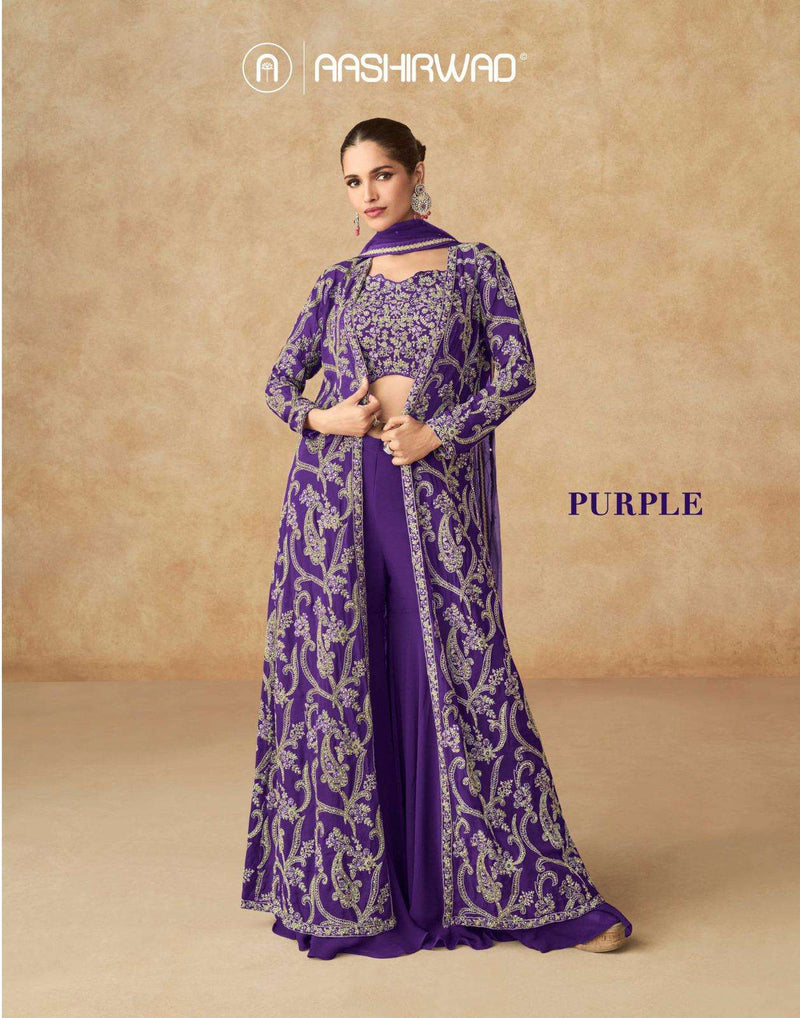 Aashirwad Creation Purple Real Georgette Partywear Indo Western Suit