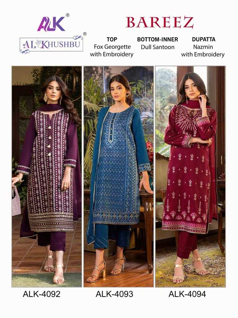 Al Khushbu Bareez Vol 1 4092-4094 Georgette Heavy Embroidery With Moti Pakistani Salwar Suit