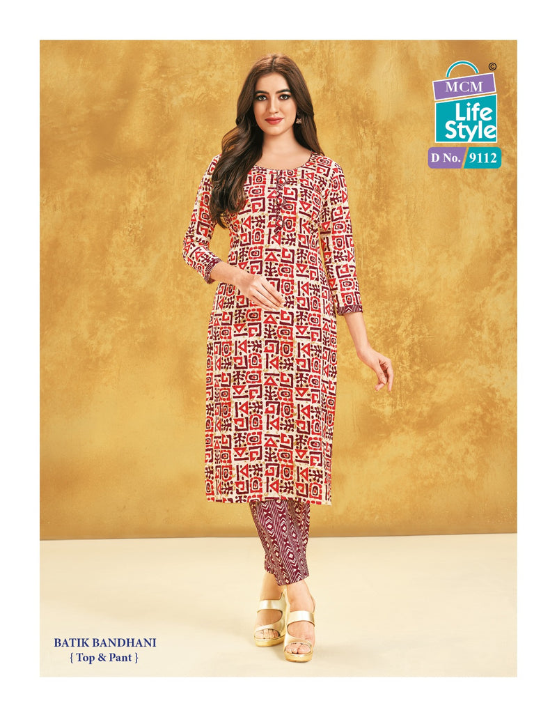 Mcm Lifestyle Batik Bandhani Cotton Print Fancy Straight Regular Wear Kurti With Pant Combo