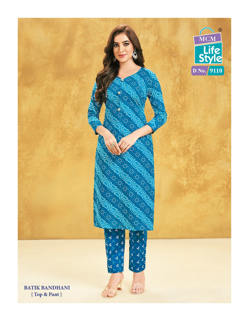 Mcm Lifestyle Batik Bandhani Cotton Print Fancy Straight Regular Wear Kurti With Pant Combo