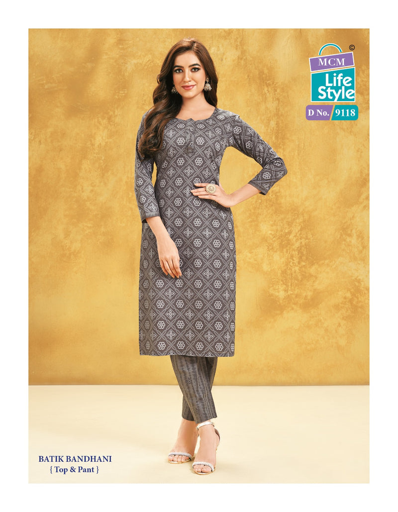 Mcm Lifestyle Batik Bandhani Cotton Print Fancy Straight Regular Wear Kurti With Pant Combo