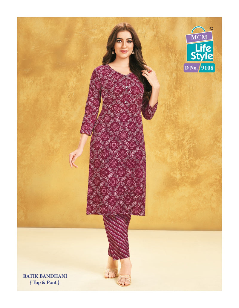 Mcm Lifestyle Batik Bandhani Cotton Print Fancy Straight Regular Wear Kurti With Pant Combo