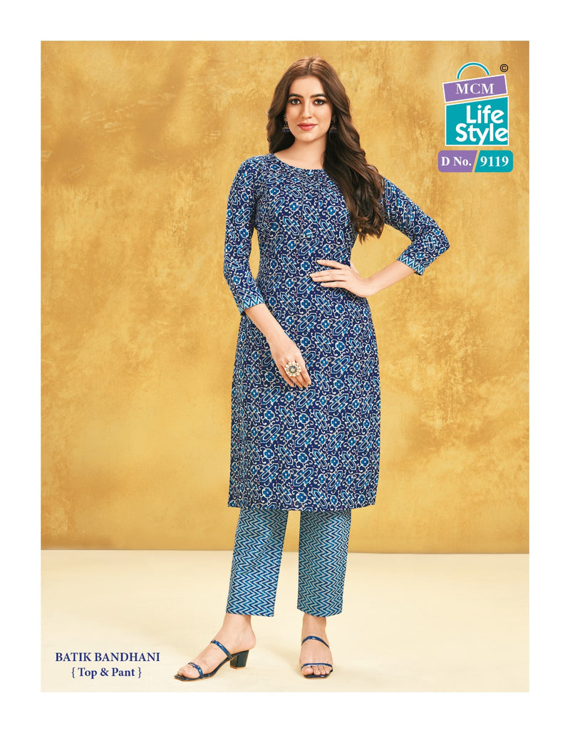 Mcm Lifestyle Batik Bandhani Cotton Print Fancy Straight Regular Wear Kurti With Pant Combo