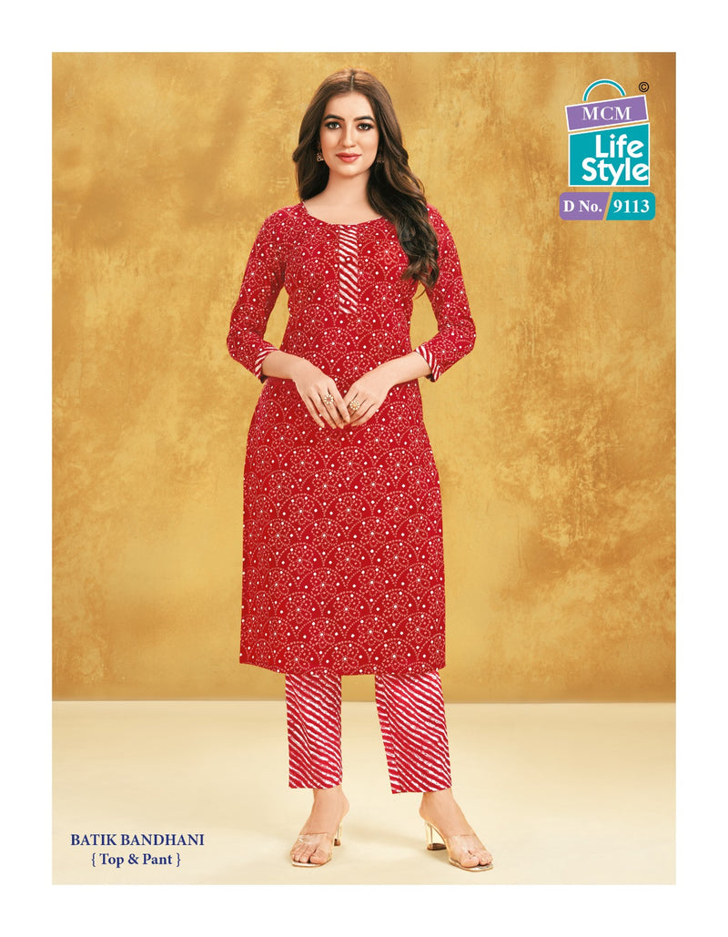 Mcm Lifestyle Batik Bandhani Cotton Print Fancy Straight Regular Wear Kurti With Pant Combo