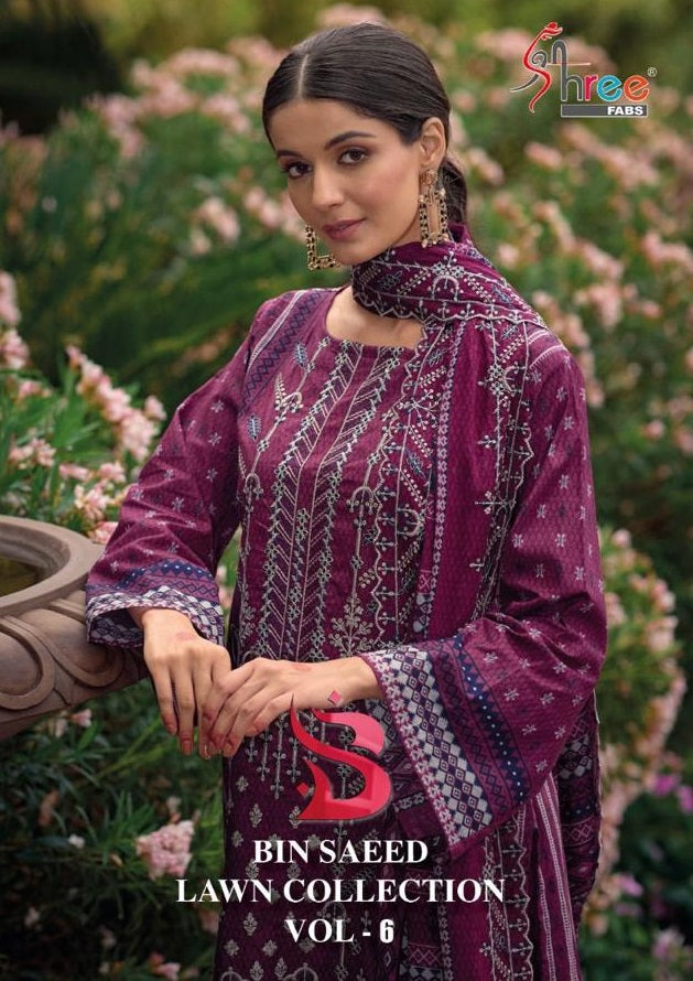 Shree Fabs Bin Saeed Lawn Collection Vol 6 Lawn Cotton Print With Embroidery Salwar Kameez