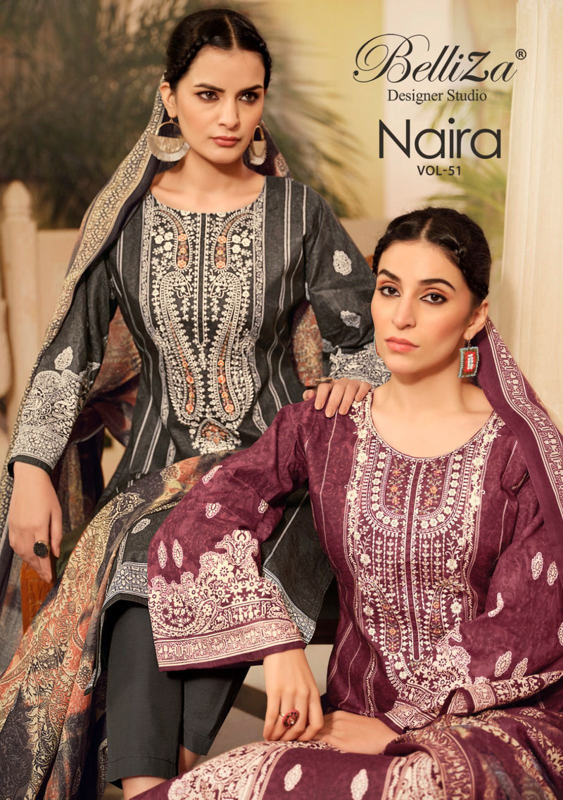 Belliza Designer Studio Naira Vol 51 Pure Cotton Digital Print With Embroidery Work Suit