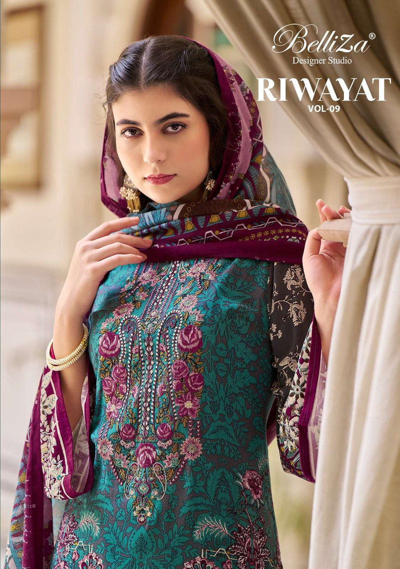 Belliza Designer Studio Riwayat Vol 9 Pure Viscose Rayon Print With Self Embroidery Work Salwar Suit