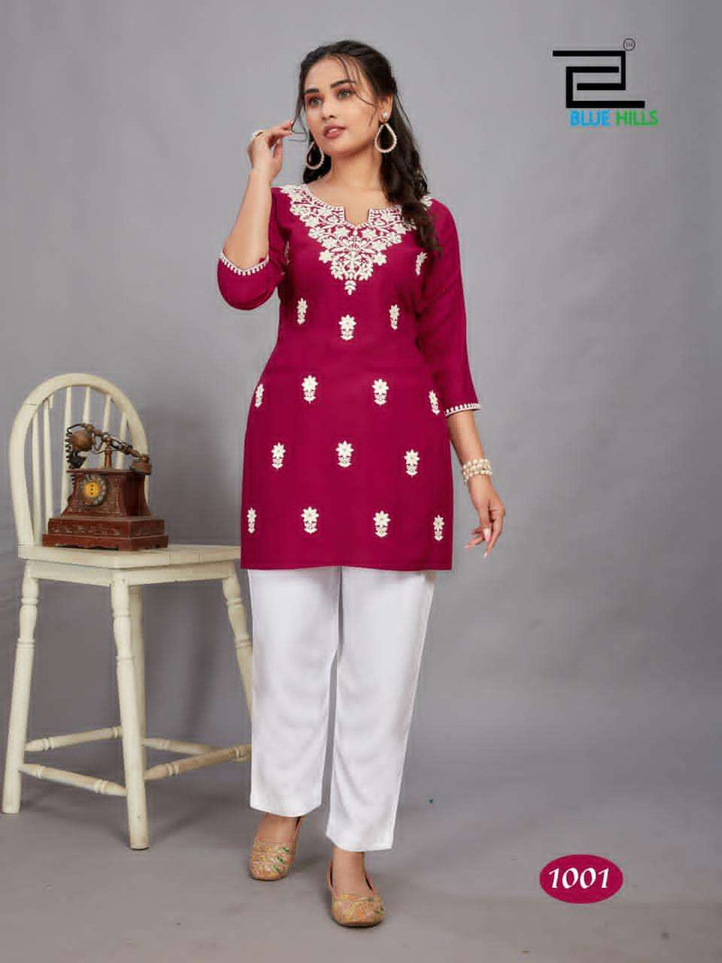 Blue Hills Divya Rayon Lucknowi Work Designer Short Fancy Work Of Kurti