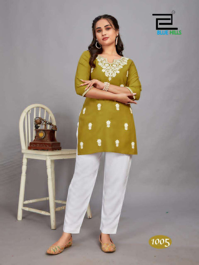 Blue Hills Divya Rayon Lucknowi Work Designer Short Fancy Work Of Kurti