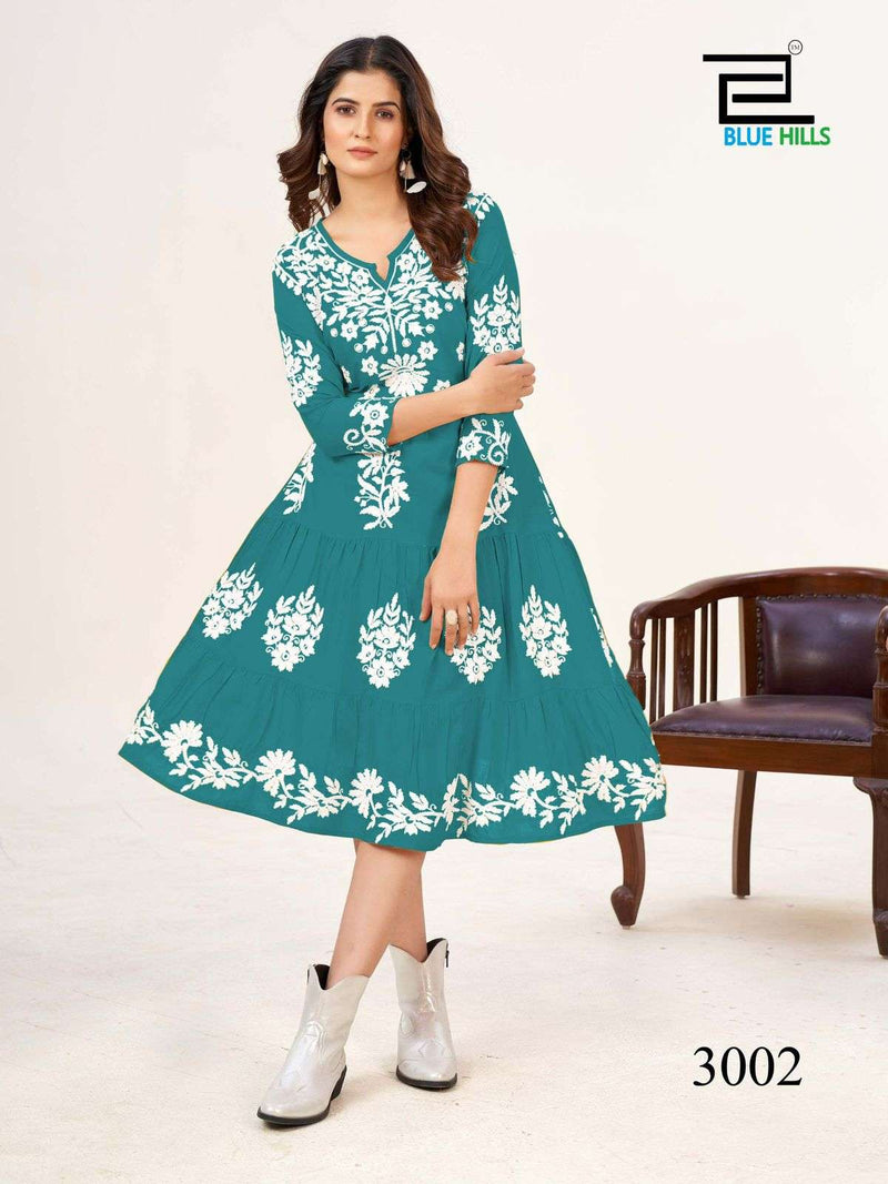 Blue Hills Kiara Vol 3 Rayon Lucknowi Works Frock Style Kurti