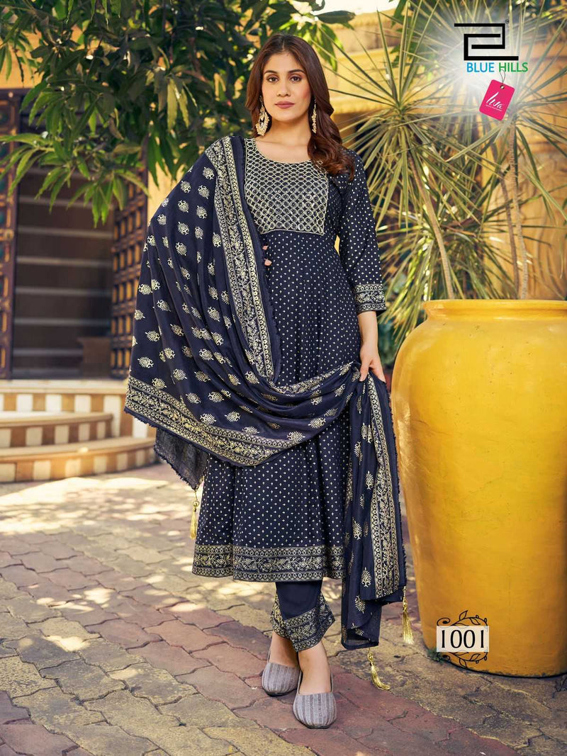 Blue Hills Meera Nx Rayon Heavy Chanderi Foil Print With Accessories Thread Embroidery Kurti