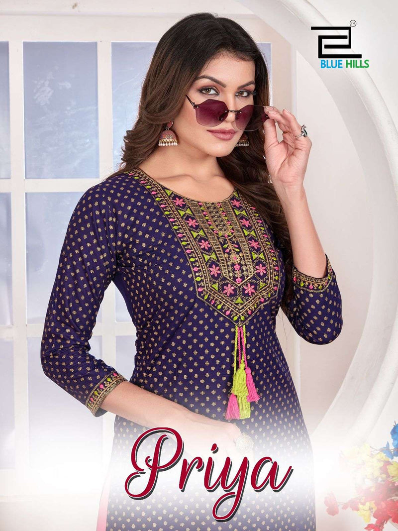 Blue Hills Priya Rayon Zari Sequence With Thread Embroidery Straight Cut With Centre Dori Pattern Kurti