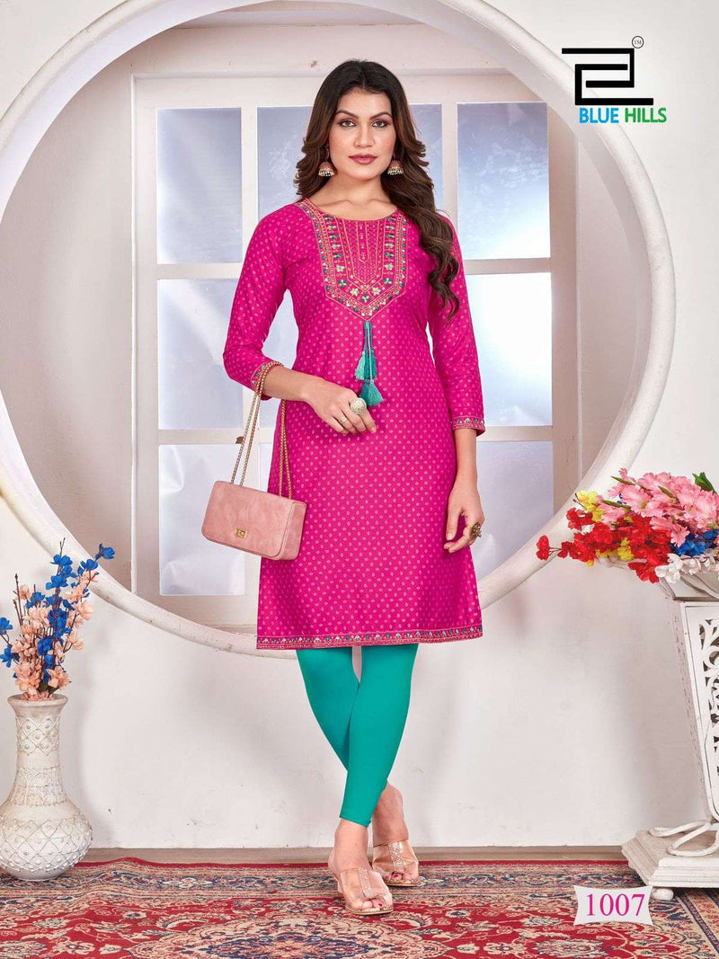 Blue Hills Priya Rayon Zari Sequence With Thread Embroidery Straight Cut With Centre Dori Pattern Kurti