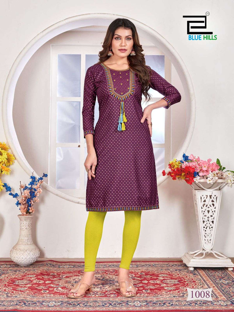 Blue Hills Priya Rayon Zari Sequence With Thread Embroidery Straight Cut With Centre Dori Pattern Kurti