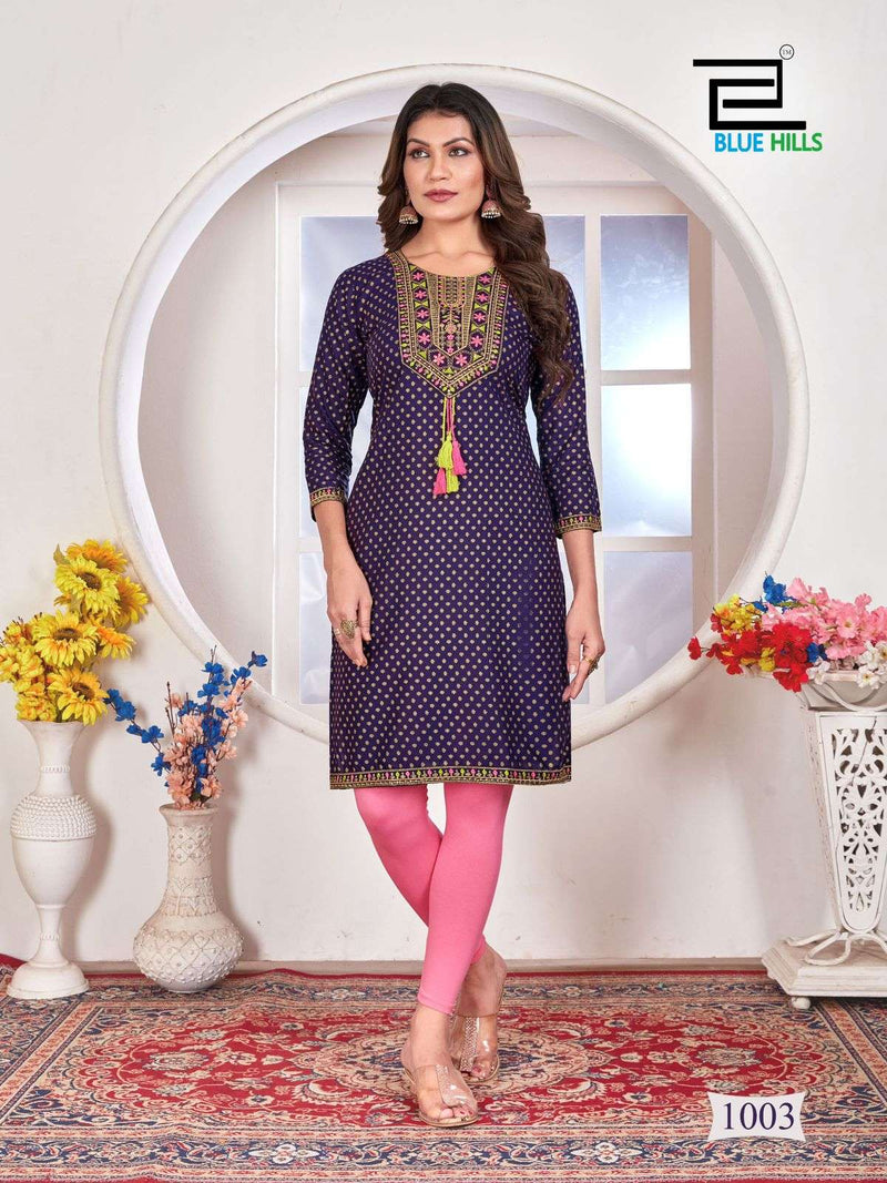 Blue Hills Priya Rayon Zari Sequence With Thread Embroidery Straight Cut With Centre Dori Pattern Kurti