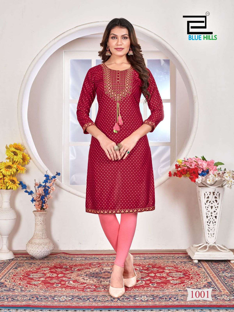 Blue Hills Priya Rayon Zari Sequence With Thread Embroidery Straight Cut With Centre Dori Pattern Kurti