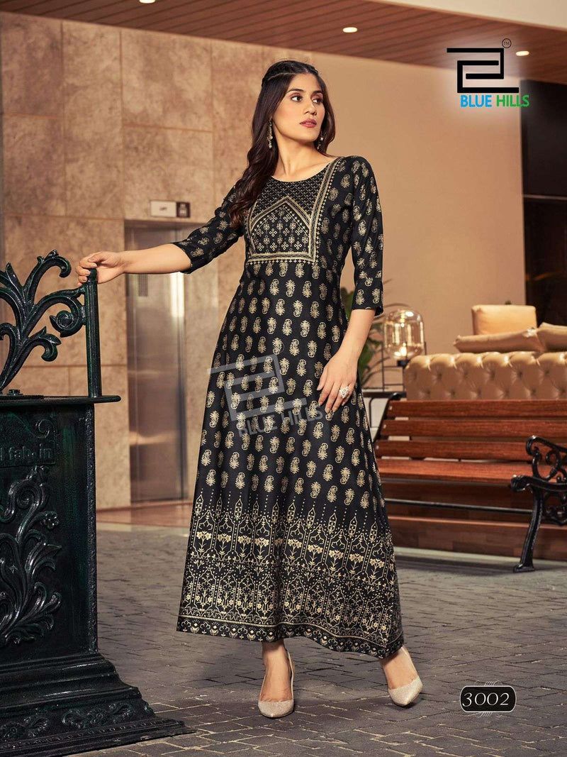 Blue Hills Reels Vol 3 Rayon Foil Print Fancy Long Gown Designer Kurti