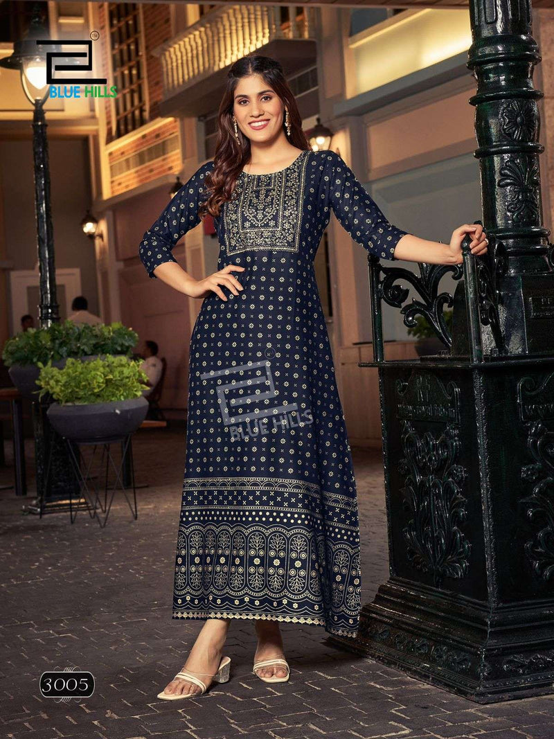 Blue Hills Reels Vol 3 Rayon Foil Print Fancy Long Gown Designer Kurti