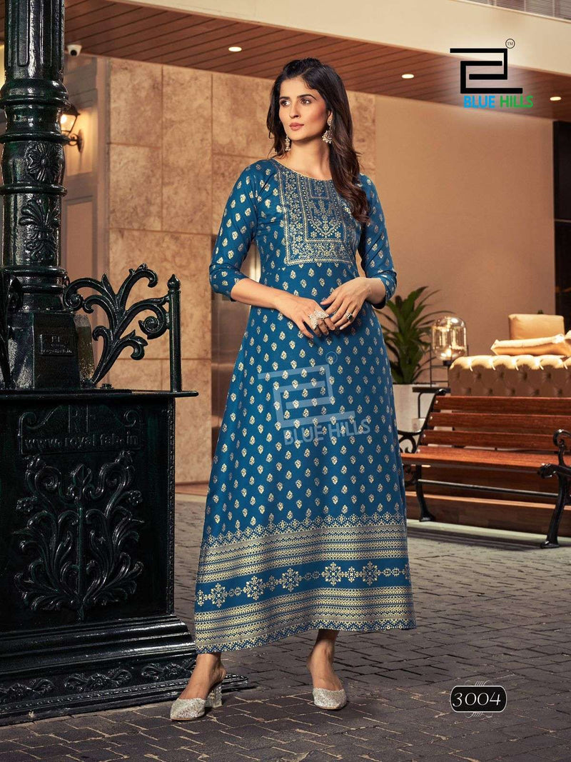 Blue Hills Reels Vol 3 Rayon Foil Print Fancy Long Gown Designer Kurti