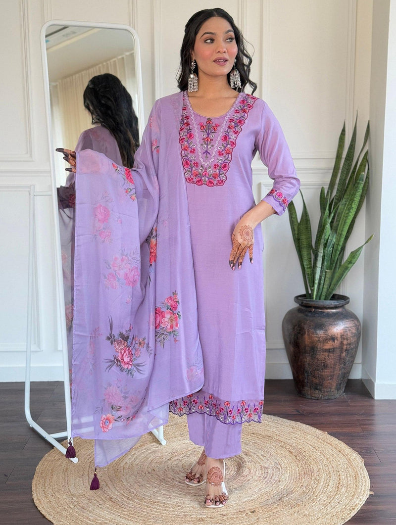 Buy SYF Lavender Indrani Embroidered Tesla Kurta Pant Dupatta Set Online | Graceful Ethnic Wear for Women