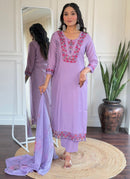 Buy SYF Lavender Indrani Embroidered Tesla Kurta Pant Dupatta Set Online | Graceful Ethnic Wear for Women