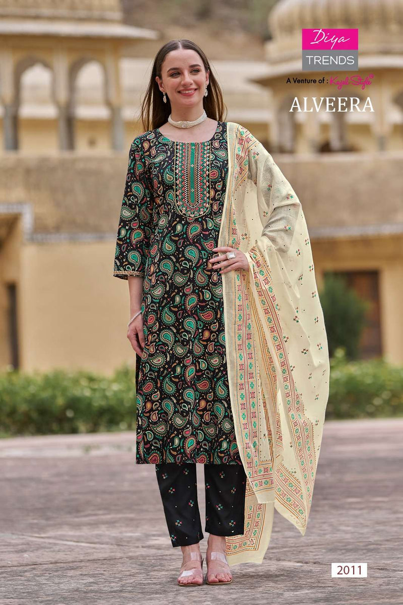 Diya Trends Alveera Rayon Straight  Kurti  With Pant And Dupatta Set Designer Kurti