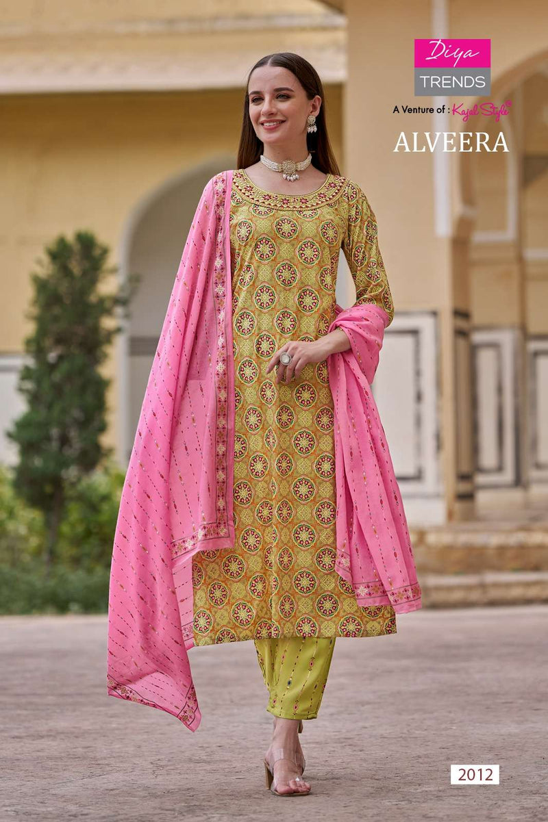 Diya Trends Alveera Rayon Straight  Kurti  With Pant And Dupatta Set Designer Kurti