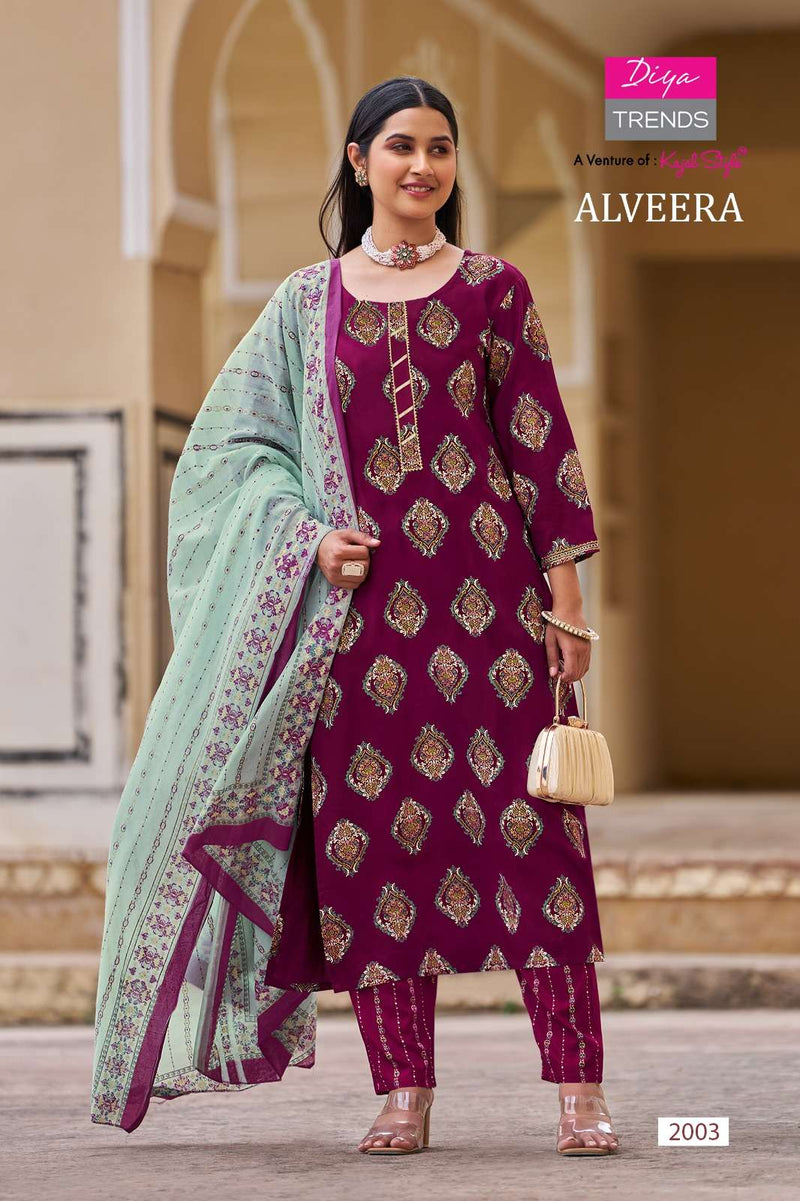 Diya Trends Alveera Rayon Straight  Kurti  With Pant And Dupatta Set Designer Kurti