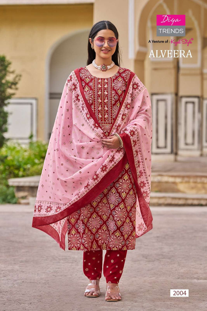 Diya Trends Alveera Rayon Straight  Kurti  With Pant And Dupatta Set Designer Kurti