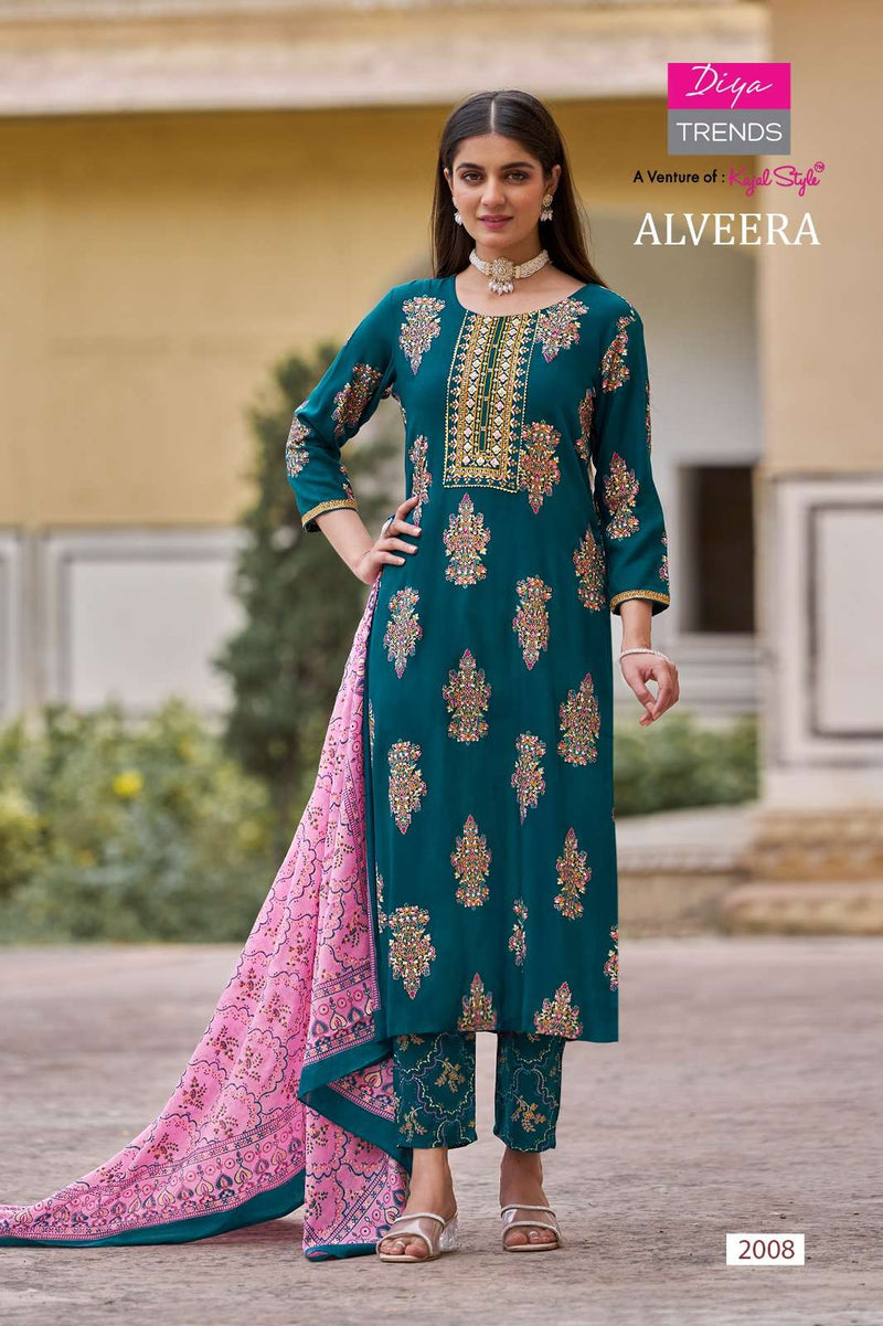 Diya Trends Alveera Rayon Straight  Kurti  With Pant And Dupatta Set Designer Kurti