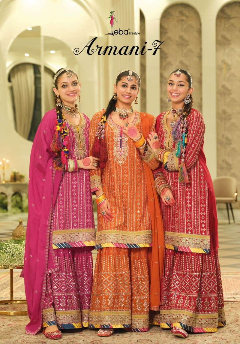 Eba Lifestyle Armani Vol 7 Heavy Chinon Embroidered Work Sharara Suit