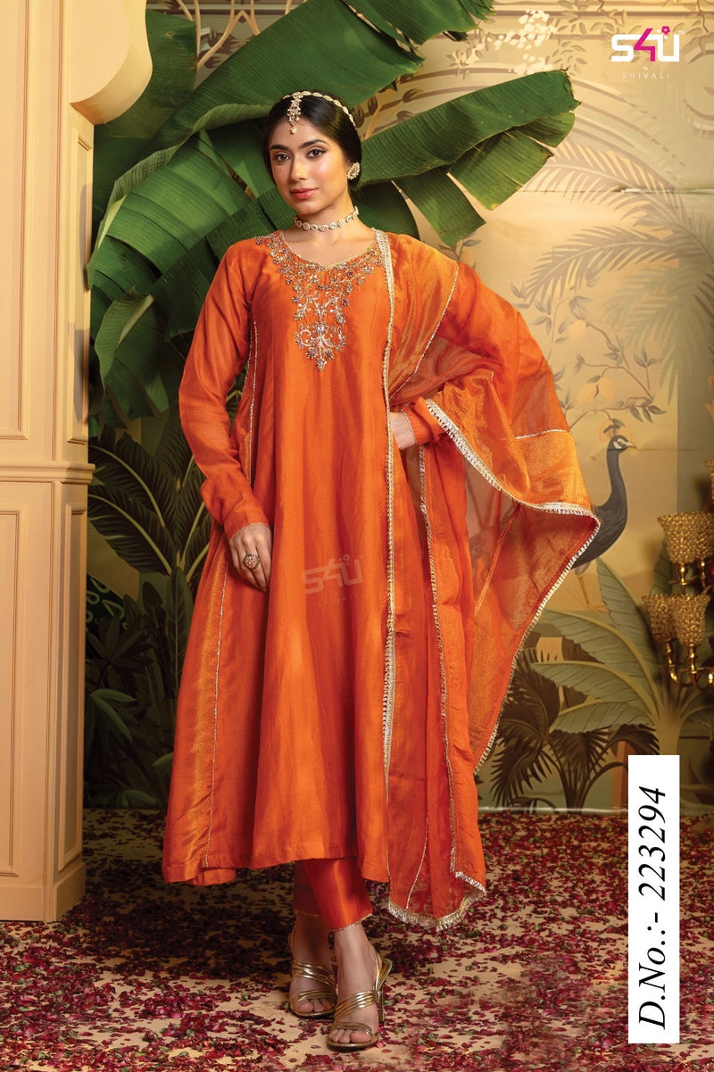 S4U by Shivali Festive Diaries Vol 28 Radiant Orange Silk Anarkali Set with Embroidered Neckline