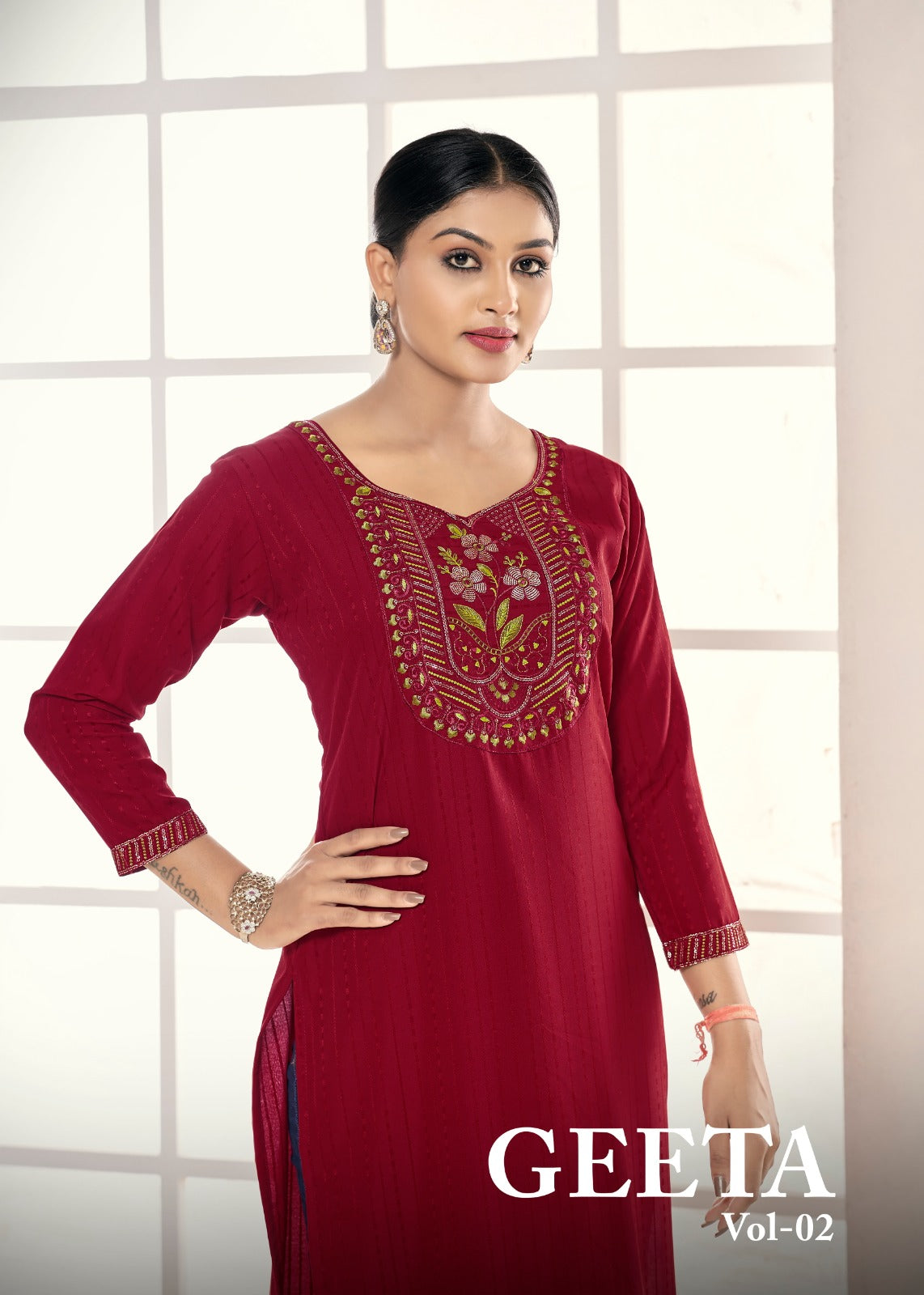 Mf Geeta Vol 2 Silk Fabric Fancy Neck Work Daily Wear Kurtis