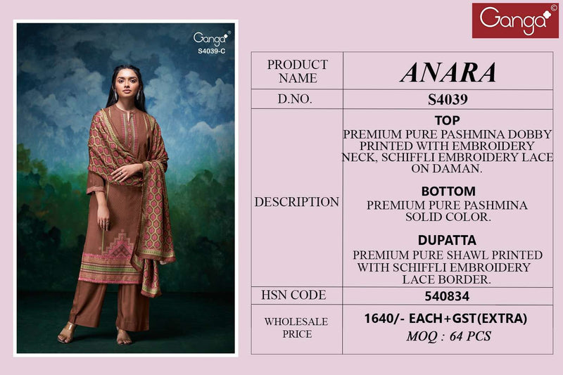 Ganga Fashion Anara 4039 Pure Pashmina Printed Embridered Work Salwar Suit