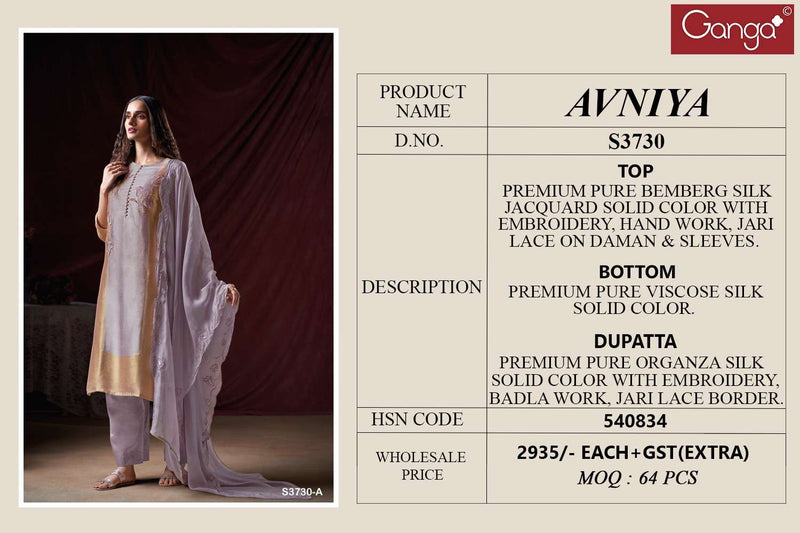 Ganga Fashion Avniya 3730 Pure Organza Silk Embroidered Work Salwar Suit