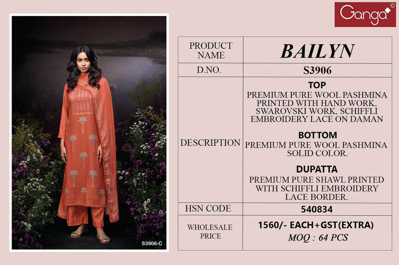 Ganga Fashion Bailyn 3906 Pure Pashmina Handwork Salwar Suit