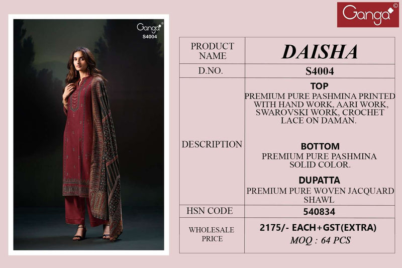 Ganga Fashion Daisha 4004 Premium Pashmina Handwork Salwar Suit