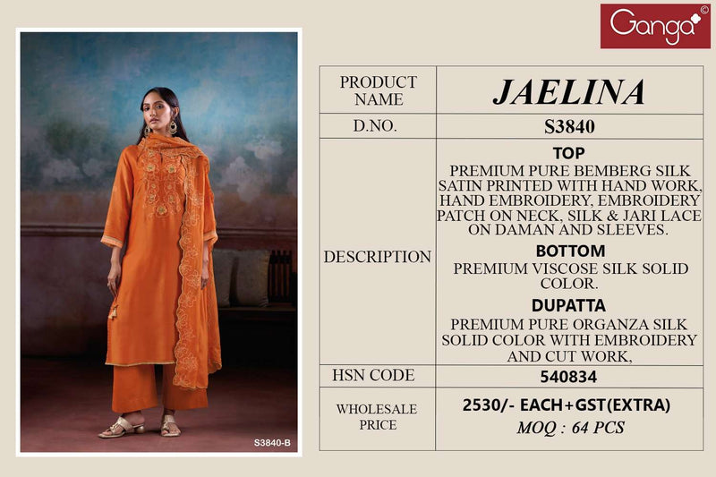 Ganga Fashion Jaelin 3840 Premium Bemberg Silk Handwork Salwar Suit