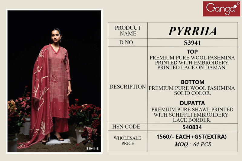 Ganga Fashion Pyrra 3941 Premium Wool Pashmina Embroidered Work Winter Suit