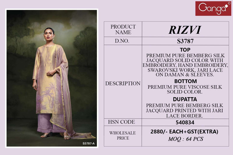 Ganga Fashion Rizvi 3787 Pure Bemberg Silk Jacquard Embroidered Handwork Salwar Suit