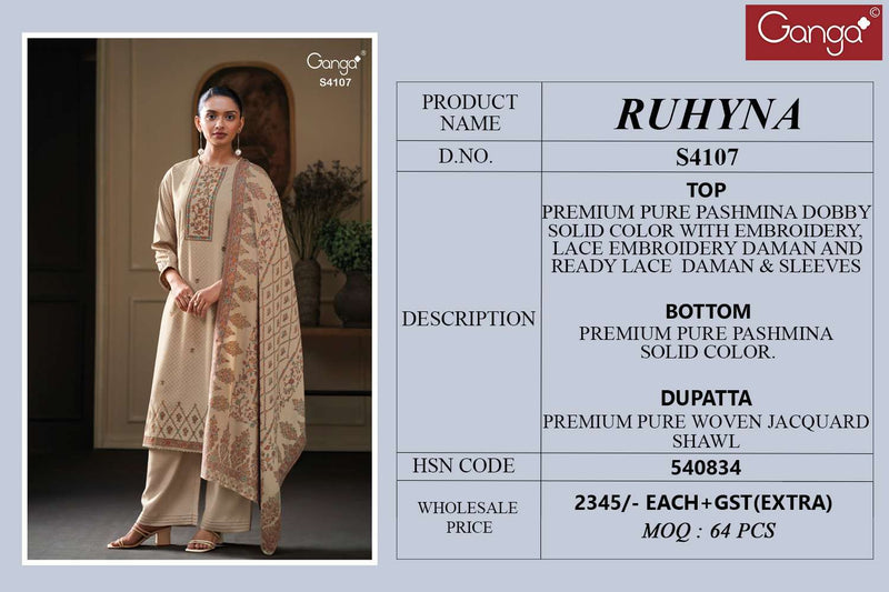 Ganga Fashion Ruhyna 4107 Premium Pashmina Embroidered Salwar Kameez