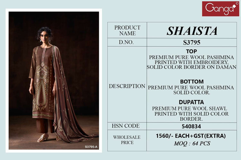 Ganga Fashion Shaista 3795 Premium Woolen Pashmina Embroidered Salwar Kameez