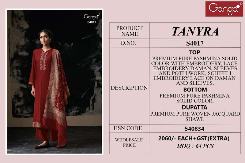 Ganga Fashion Tanyra 4017 Pure Pashmina Embroidered Work Salwar Suit