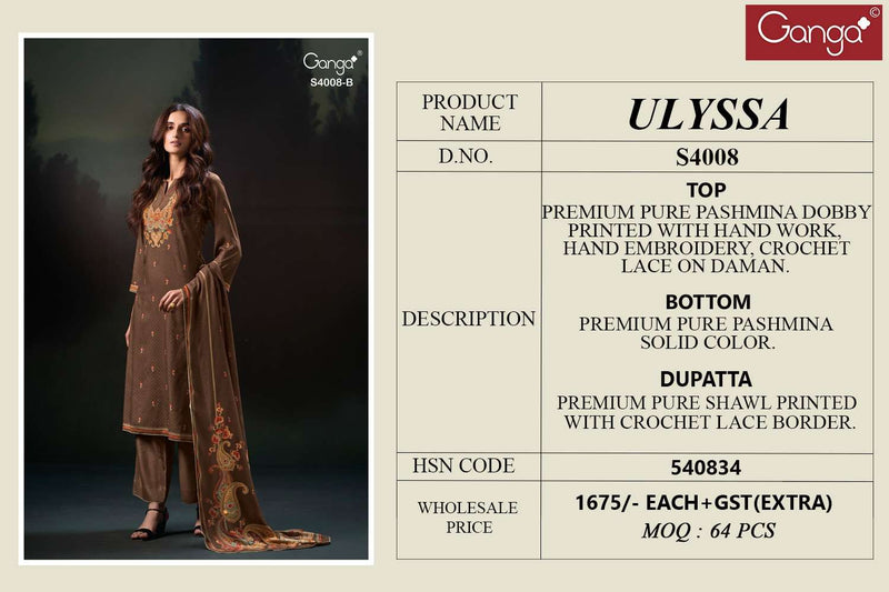 Ganga Fashion Ulyssa 4008 Woolen Pashmina Handwork Salwar Suit